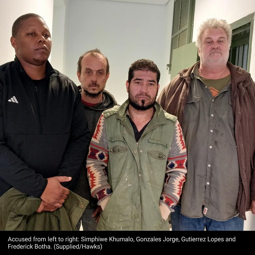 Four accused pictured after the reported Musina crystal-meth laboratory arrests; supplied by Hawks