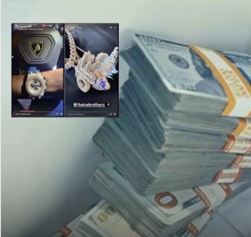 Supplied image showing cash, jewelry, and a luxury watch accompanying the California stolen-checks report