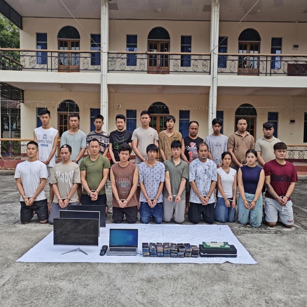 Twenty people pictured with computers and mobile phones after reported arrests in Muse, Myanmar