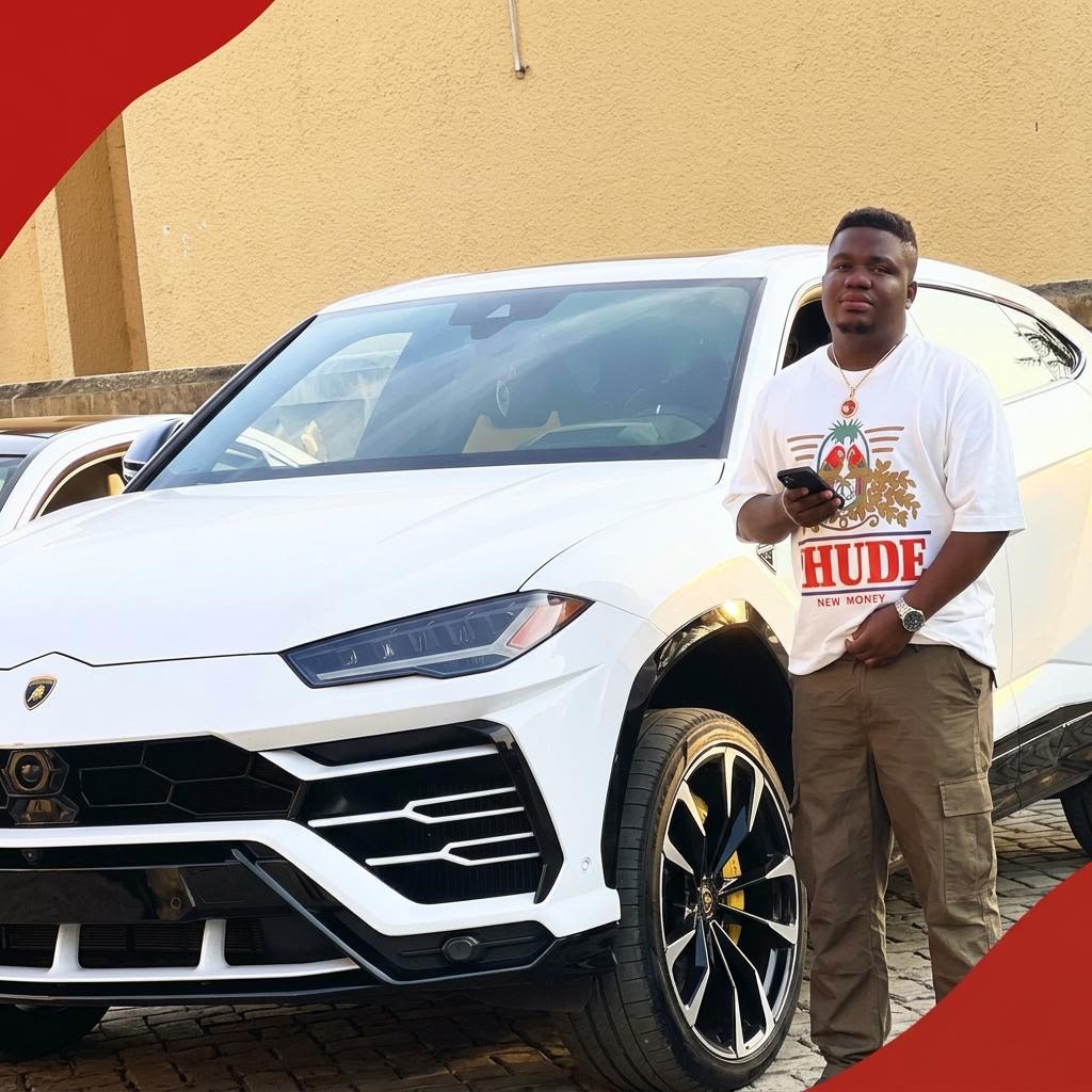 Frederick Kumi, also known as Abu Trica, pictured beside a white Lamborghini
