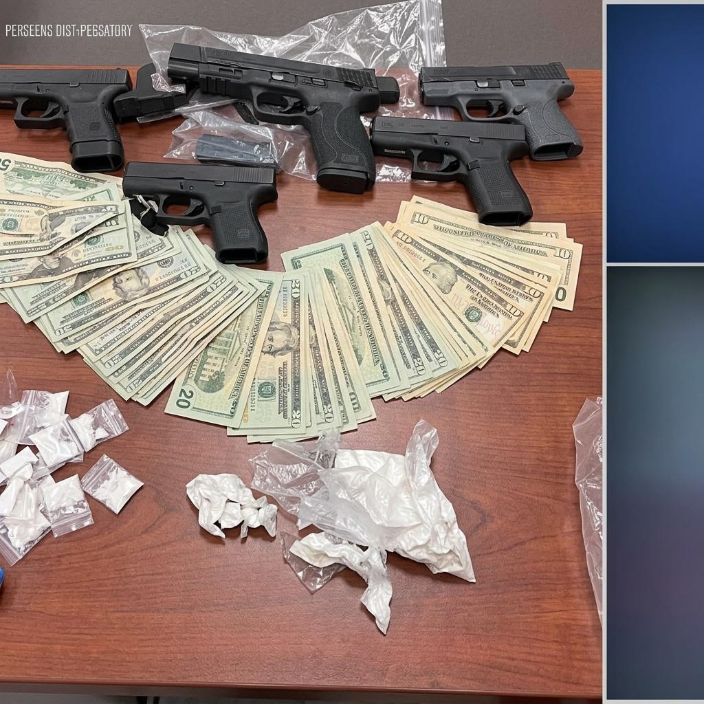 Supplied evidence photograph showing seized cash and suspected drugs from the Durham raid
